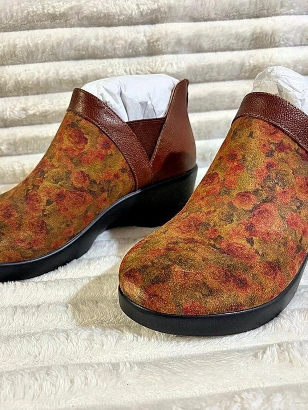 Alegria Natalee Floral Wedge Booties Brown & Multicolor US 8-8.5M